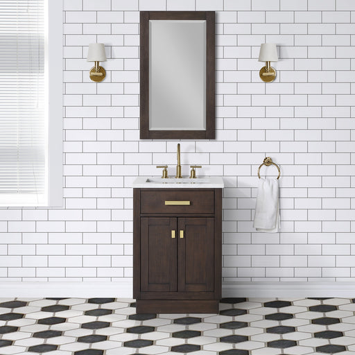 Water Creation | Chestnut 24" Single Sink Carrara White Marble Countertop Vanity In Brown Oak Water Creation - Vanity Water Creation 21" Rectangular Mirror No Faucet 