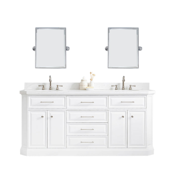 Water Creation | Palace 72" Quartz Carrara Pure White Bathroom Vanity Set With Hardware in Polished Nickel (PVD) Finish Water Creation - Vanity Water Creation 18" Rectangular Mirror Hook Spout Faucet 