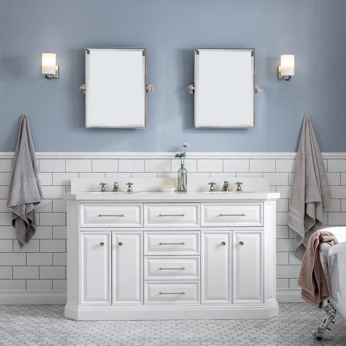 Water Creation | Palace 60" Quartz Carrara Pure White Bathroom Vanity Set With Hardware in Polished Nickel (PVD) Finish Water Creation - Vanity Water Creation 18" Rectangular Mirror No Faucet 