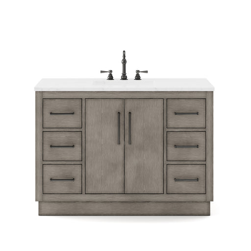 Water Creation | Hugo 48" Single Sink Carrara White Marble Countertop Vanity in Grey Oak and Bronze Trim Water Creation - Vanity Water Creation No Mirror No Faucet 