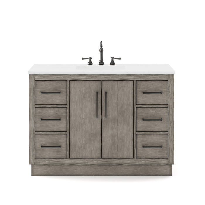 Water Creation | Hugo 48" Single Sink Carrara White Marble Countertop Vanity in Grey Oak and Bronze Trim Water Creation - Vanity Water Creation No Mirror No Faucet 