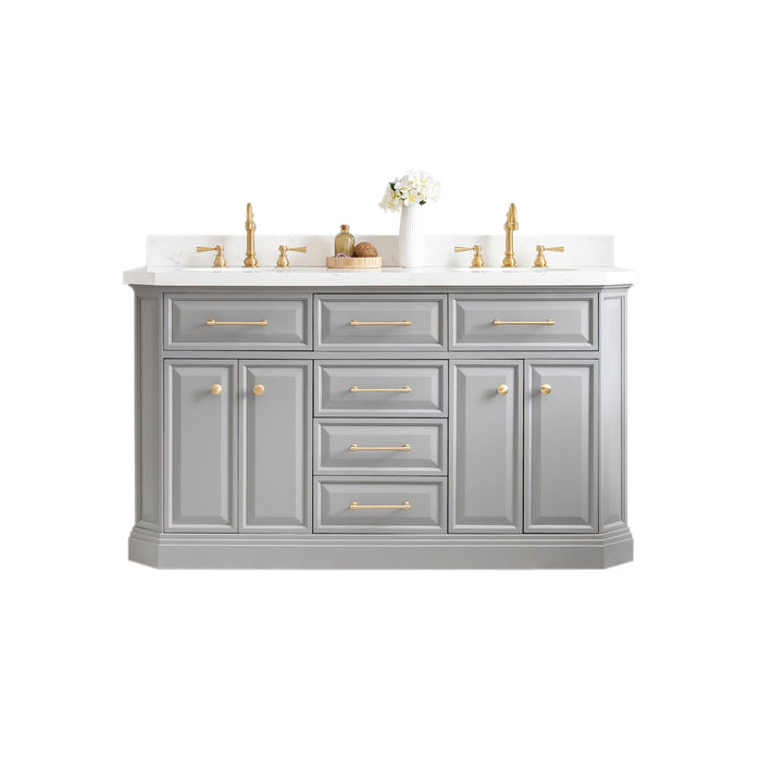 Water Creation | Palace 60" Quartz Carrara Cashmere Grey Bathroom Vanity Set With Hardware in Satin Gold Finish And Only Mirrors in Chrome Finish Water Creation - Vanity Water Creation No Mirror Hook Spout Faucet 