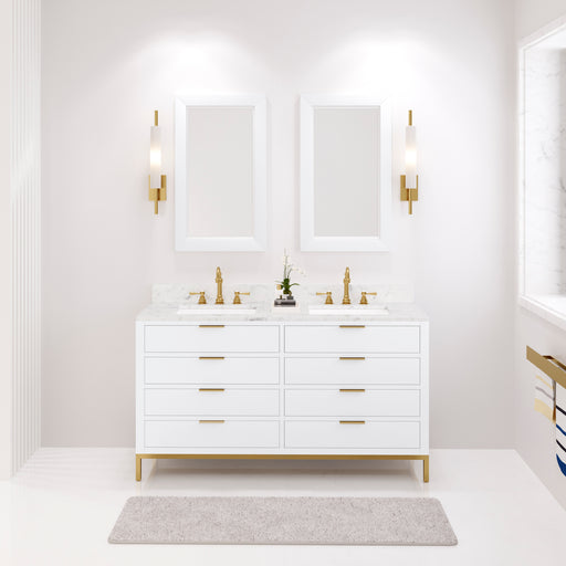 Water Creation | Bristol 60" Double Sink Carrara White Marble Countertop Bath Vanity in Pure White Water Creation - Vanity Water Creation 21" Rectangular Mirror No Faucet 