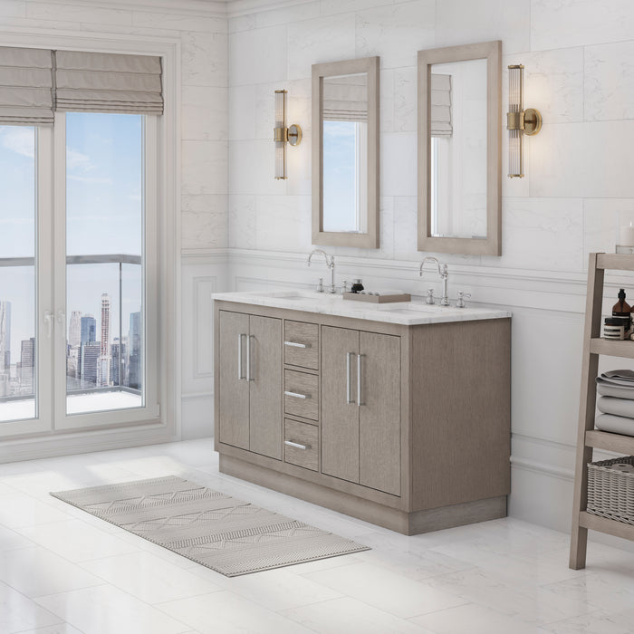 Water Creation | Hugo 60" Double Sink Carrara White Marble Countertop Vanity in Grey Oak and Chrome Trim Water Creation - Vanity Water Creation 21" Rectangular Mirror Hook Spout Faucet 