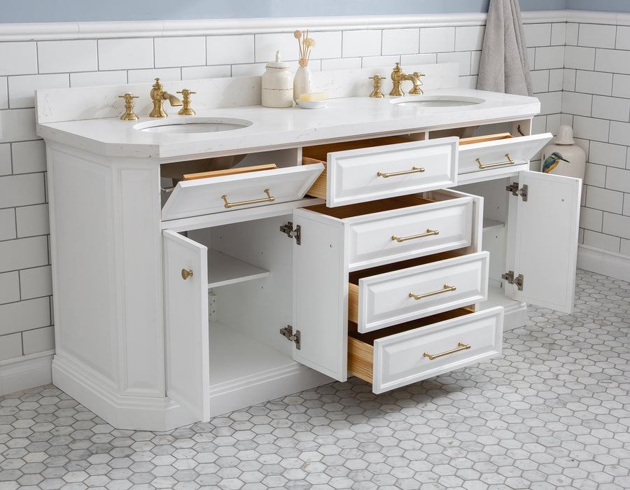 Water Creation | Palace 72" Quartz Carrara Pure White Bathroom Vanity Set With Hardware in Satin Gold Finish And Only Mirrors in Chrome Finish Water Creation - Vanity Water Creation   