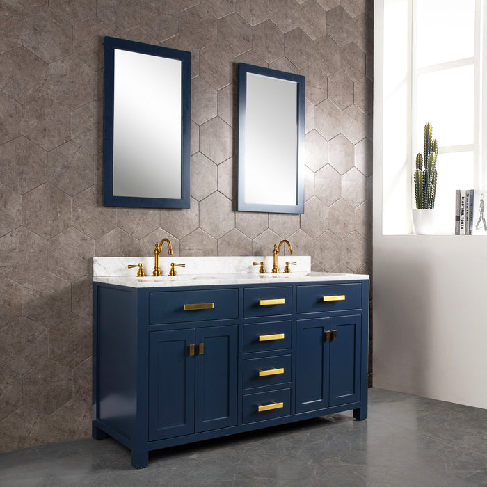 Water Creation | Madison 60" Monarch Blue Double Sink Carrara White Marble Vanity Water Creation - Vanity Water Creation 21" Rectangular Mirror Hook Spout Faucet 