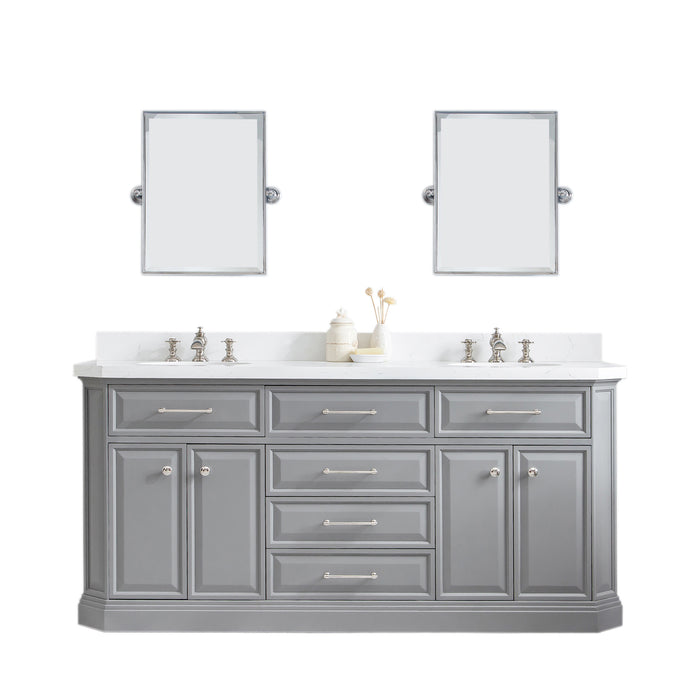 Water Creation | Palace 72" Quartz Carrara Cashmere Grey Bathroom Vanity Set With Hardware in Polished Nickel (PVD) Finish Water Creation - Vanity Water Creation 18" Rectangular Mirror Waterfall Faucet 