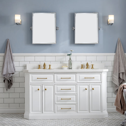 Water Creation | Palace 60" Quartz Carrara Pure White Bathroom Vanity Set With Hardware in Satin Gold Finish And Only Mirrors in Chrome Finish Water Creation - Vanity Water Creation   