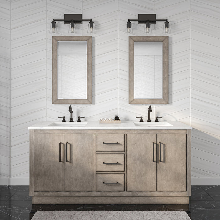Water Creation | Hugo 72" Double Sink Carrara White Marble Countertop Vanity in Grey Oak and Bronze Trim Water Creation - Vanity Water Creation 21" Rectangular Mirror No Faucet 