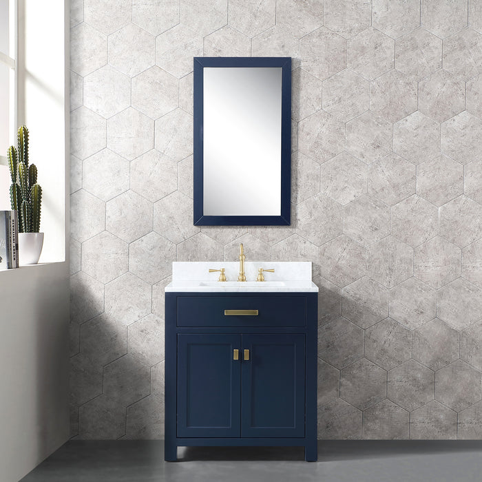 Water Creation | Madison 30" Single Sink Carrara White Marble Vanity In Monarch Blue Water Creation - Vanity Water Creation 21" Rectangular Mirror No Faucet 