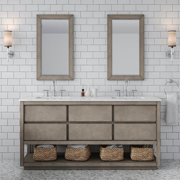 Water Creation | Oakman 72" Double Sink Carrara White Marble Countertop Bath Vanity in Grey Oak Water Creation - Vanity Water Creation 21" Rectangular Mirror Chrome Faucet 