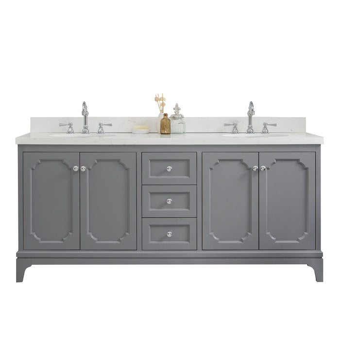 Water Creation | Queen 72" Double Sink Quartz Carrara Vanity In Cashmere Grey Water Creation - Vanity Water Creation No Mirror Hook Spout Faucet 