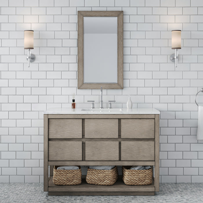 Water Creation | Oakman 48" Single Sink Carrara White Marble Countertop Bath Vanity in Grey Oak Water Creation - Vanity Water Creation 21" Rectangular Mirror Chrome Faucet 