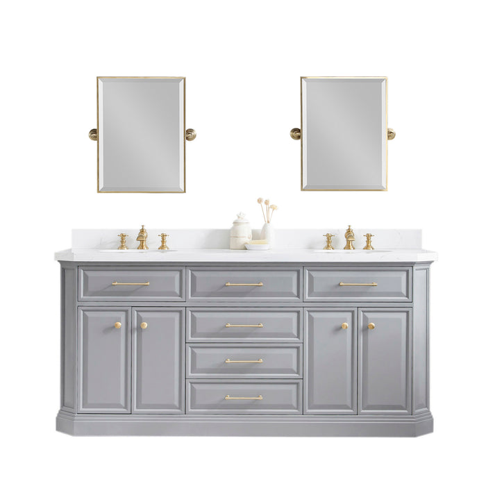 Water Creation | Palace 72" Quartz Carrara Cashmere Grey Bathroom Vanity Set With Hardware in Satin Gold Finish And Only Mirrors in Chrome Finish Water Creation - Vanity Water Creation 18" Rectangular Mirror Waterfall Faucet 