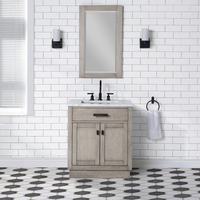 Water Creation | Chestnut 30" Single Sink Carrara White Marble Countertop Vanity In Grey Oak Water Creation - Vanity Water Creation 21" Rectangular Mirror No Faucet 