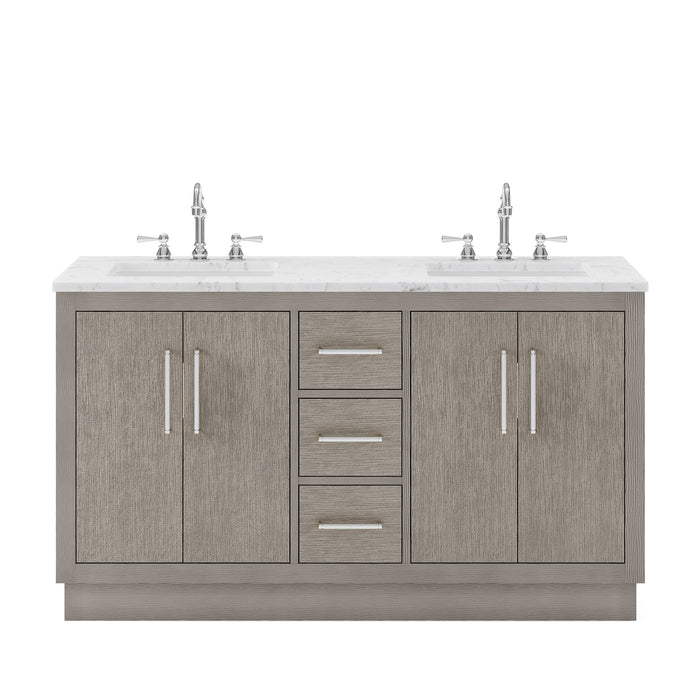 Water Creation | Hugo 60" Double Sink Carrara White Marble Countertop Vanity in Grey Oak and Chrome Trim Water Creation - Vanity Water Creation No Mirror No Faucet 