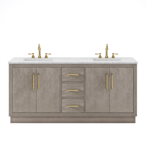 Water Creation | Hugo 72" Double Sink Carrara White Marble Countertop Vanity in Grey Oak and Gold Trim Water Creation - Vanity Water Creation No Mirror No Faucet 