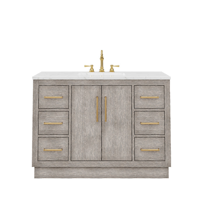 Water Creation | Hugo 48" Single Sink Carrara White Marble Countertop Vanity in Grey Oak and Gold Trim Water Creation - Vanity Water Creation No Mirror Hook Spout Faucet 