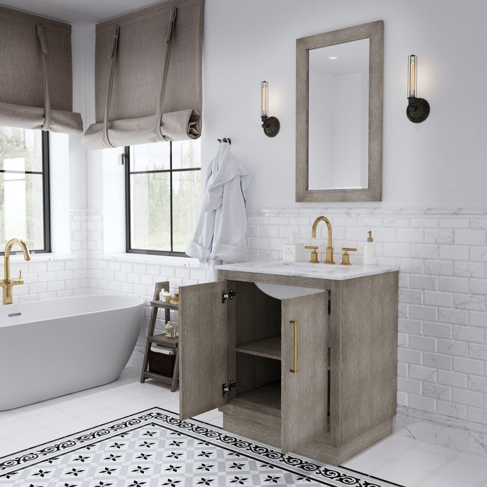 Water Creation | Hugo 30" Single Sink Carrara White Marble Countertop Vanity in Grey Oak and Gold Trim Water Creation - Vanity Water Creation   