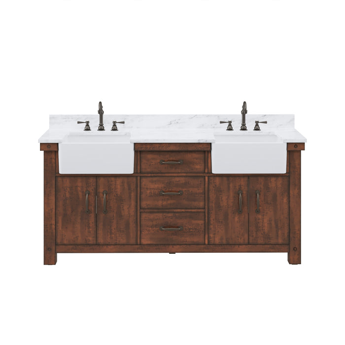 Water Creation | Paisley 72" Double Sink Carrara White Marble Countertop Vanity in Rustic Sienna Water Creation - Vanity Water Creation No Mirror No Faucet 