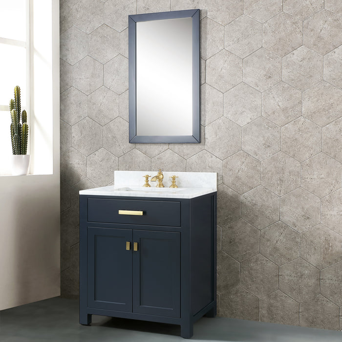 Water Creation | Madison 30" Single Sink Carrara White Marble Vanity In Monarch Blue Water Creation - Vanity Water Creation 21" Rectangular Mirror Waterfall Faucet 