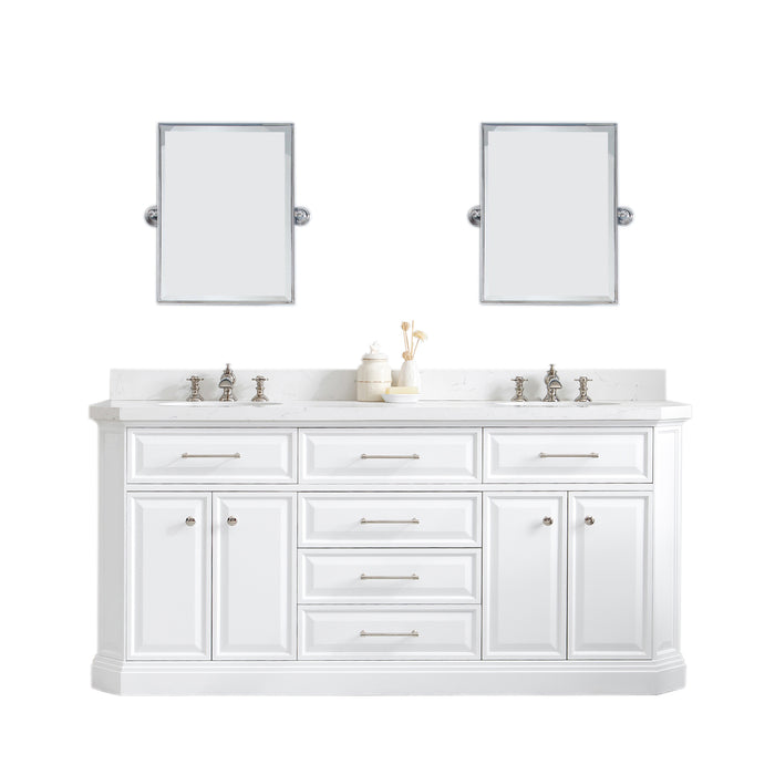 Water Creation | Palace 72" Quartz Carrara Pure White Bathroom Vanity Set With Hardware in Polished Nickel (PVD) Finish Water Creation - Vanity Water Creation 18" Rectangular Mirror Waterfall Faucet 