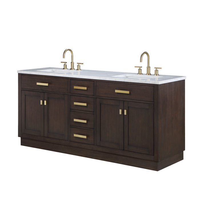 Water Creation | Chestnut 72" Double Sink Carrara White Marble Countertop Vanity In Brown Oak Water Creation - Vanity Water Creation No Mirror Gooseneck Faucet 