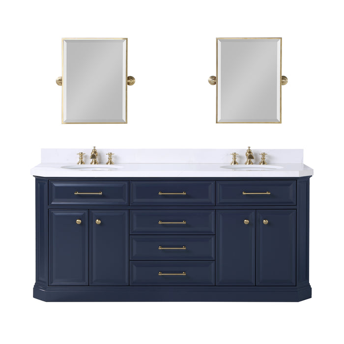 Water Creation | Palace 72" Double Sink White Quartz Countertop Vanity in Monarch Blue Water Creation - Vanity Water Creation 18" Rectangular Mirror No Faucet 