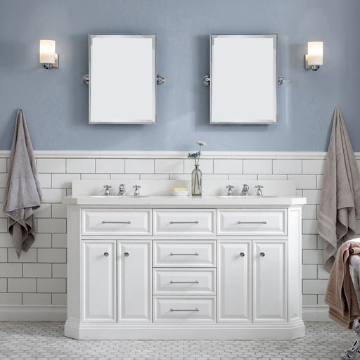 Water Creation | Palace 60" Quartz Carrara Pure White Bathroom Vanity Set With Hardware in Chrome Finish Water Creation - Vanity Water Creation 18" Rectangular Mirror No Faucet 