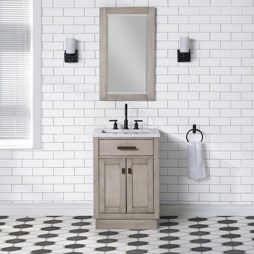 Water Creation | Chestnut 24" Single Sink Carrara White Marble Countertop Vanity In Grey Oak Water Creation - Vanity Water Creation 21" Rectangular Mirror No Faucet 