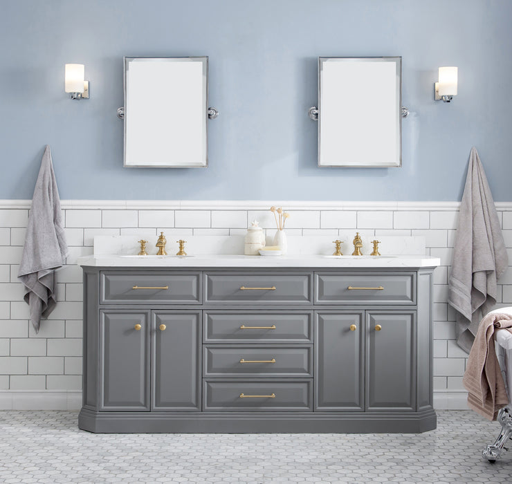 Water Creation | Palace 72" Quartz Carrara Cashmere Grey Bathroom Vanity Set With Hardware in Satin Gold Finish And Only Mirrors in Chrome Finish Water Creation - Vanity Water Creation 18" Rectangular Mirror No Faucet 