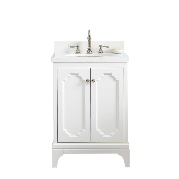 Water Creation | Queen 24" Single Sink Quartz Carrara Vanity In Pure White Water Creation - Vanity Water Creation No Mirror Hook Spout Faucet 