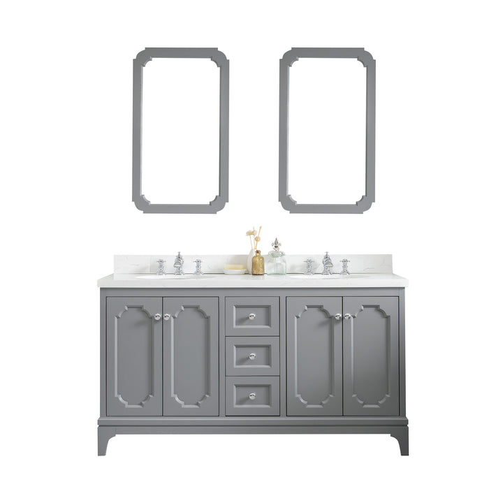 Water Creation | Queen 60" Double Sink Quartz Carrara Vanity In Cashmere Grey Water Creation - Vanity Water Creation 21" Rectangular Mirror Waterfall Faucet 