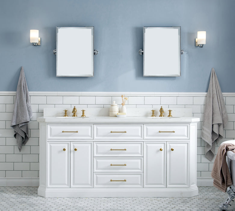 Water Creation | Palace 72" Quartz Carrara Pure White Bathroom Vanity Set With Hardware in Satin Gold Finish And Only Mirrors in Chrome Finish Water Creation - Vanity Water Creation 18" Rectangular Mirror No Faucet 
