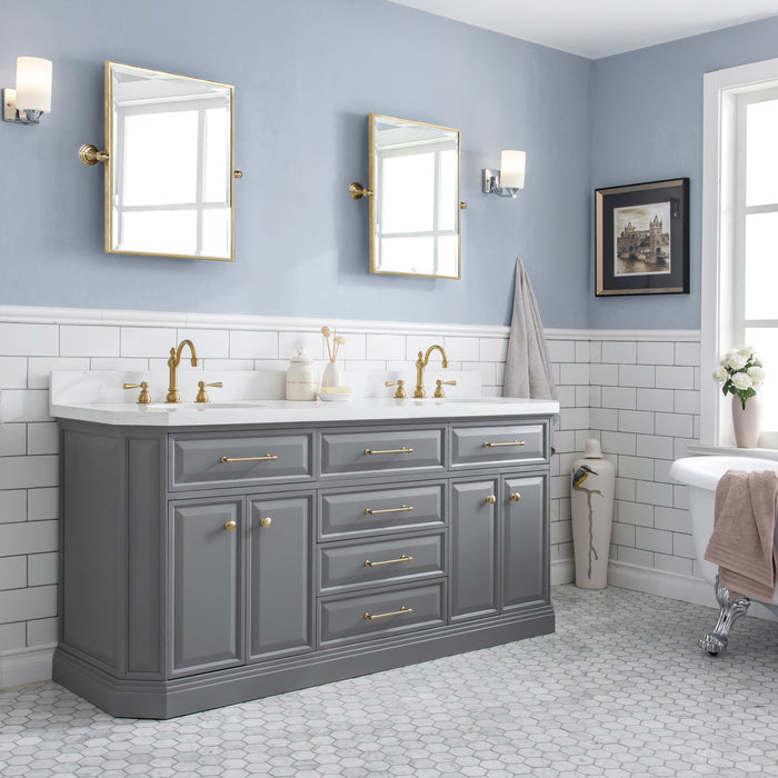 Water Creation | Palace 72" Quartz Carrara Cashmere Grey Bathroom Vanity Set With Hardware in Satin Gold Finish And Only Mirrors in Chrome Finish Water Creation - Vanity Water Creation   