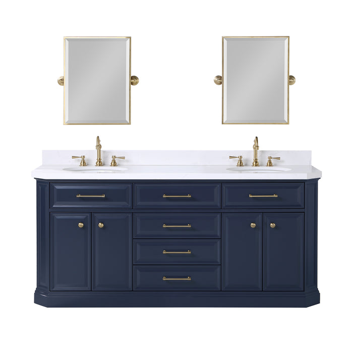 Water Creation | Palace 72" Double Sink White Quartz Countertop Vanity in Monarch Blue Water Creation - Vanity Water Creation 18" Rectangular Mirror Hook Spout Faucet 