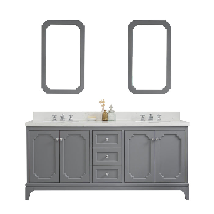 Water Creation | Queen 72" Double Sink Quartz Carrara Vanity In Cashmere Grey Water Creation - Vanity Water Creation 21" Rectangular Mirror Widespread Lavatory Faucet 