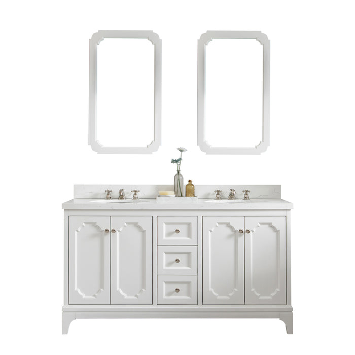 Water Creation | Queen 60" Double Sink Quartz Carrara Vanity In Pure White Water Creation - Vanity Water Creation 21" Rectangular Mirror Widespread Lavatory Faucet 