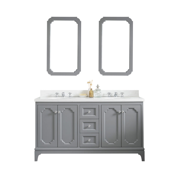 Water Creation | Queen 60" Double Sink Quartz Carrara Vanity In Cashmere Grey Water Creation - Vanity Water Creation 21" Rectangular Mirror Widespread Lavatory Faucet 