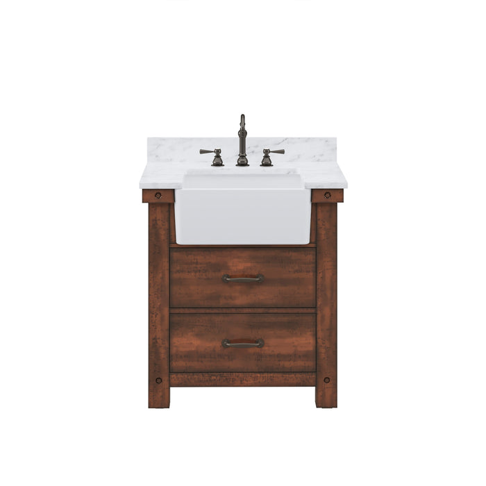 Water Creation | Paisley 30" Single Sink Carrara White Marble Countertop Vanity in Rustic Sienna Water Creation - Vanity Water Creation No Mirror No Faucet 