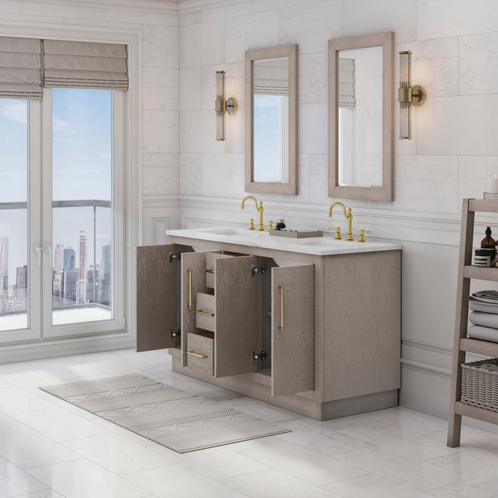 Water Creation | Hugo 60" Double Sink Carrara White Marble Countertop Vanity in Grey Oak and Gold Trim Water Creation - Vanity Water Creation   