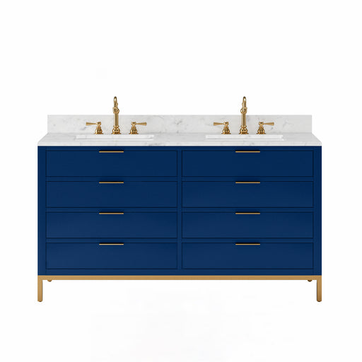 Water Creation | Bristol 60" Double Sink Carrara White Marble Countertop Bath Vanity in Monarch Blue Water Creation - Vanity Water Creation No Mirror No Faucet 