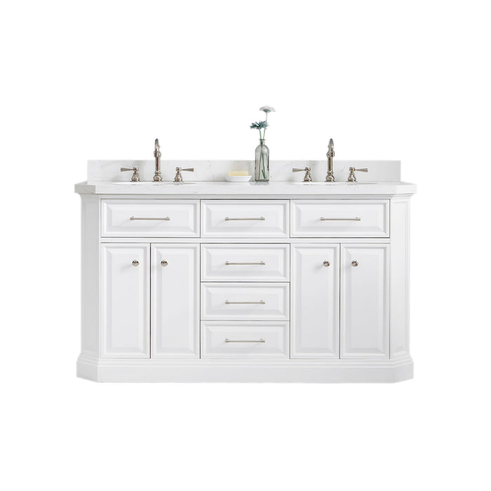 Water Creation | Palace 60" Quartz Carrara Pure White Bathroom Vanity Set With Hardware in Polished Nickel (PVD) Finish Water Creation - Vanity Water Creation No Mirror Hook Spout Faucet 