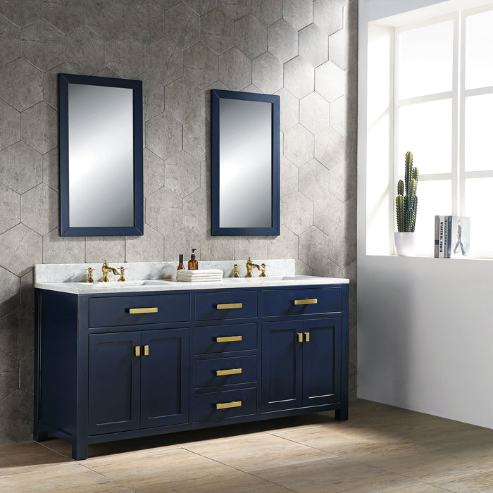 Water Creation | Madison 72" Double Sink Carrara White Marble Vanity In Monarch Blue Water Creation - Vanity Water Creation 21" Rectangular Mirror Waterfall Faucet 