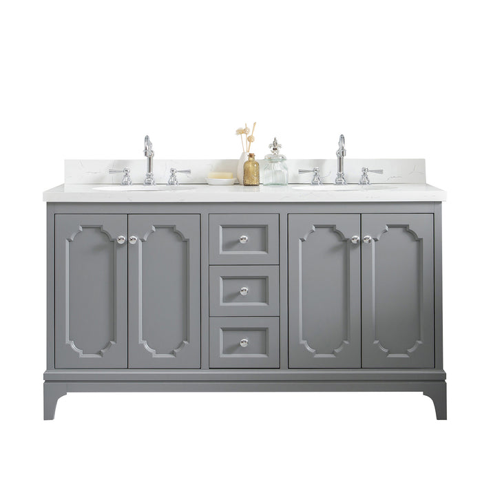 Water Creation | Queen 60" Double Sink Quartz Carrara Vanity In Cashmere Grey Water Creation - Vanity Water Creation No Mirror Hook Spout Faucet 