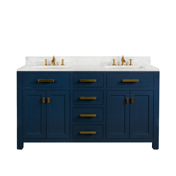 Water Creation | Madison 60" Monarch Blue Double Sink Carrara White Marble Vanity Water Creation - Vanity Water Creation No Mirror Waterfall Faucet 
