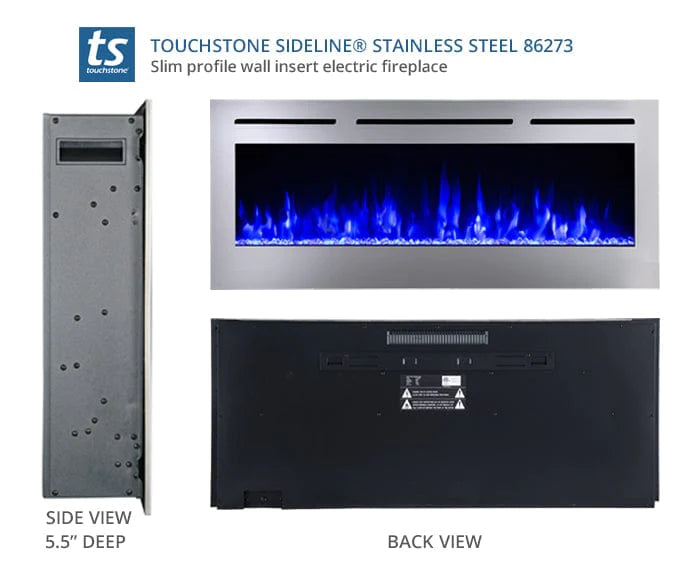 Touchstone | Sideline Deluxe 60" Recessed Mounted Electric Fireplace, Stainless Steel Touchstone - Electric Fireplace Touchstone   